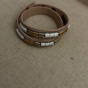 Stella& Dot Leather Wrap Bracelet Gold and White Embroidery